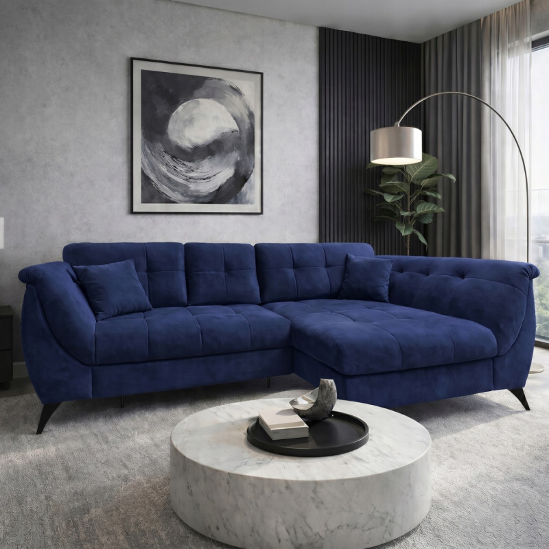Ecksofa MONARI mit Schlaffunktion & Bettkasten – Blau, rechtsseitig